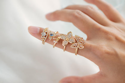 4pcs Blue CZ Pave Gold Flower Ring, Adjustable Ring Mounting, Pearl Ring Setting (#GB-4440)