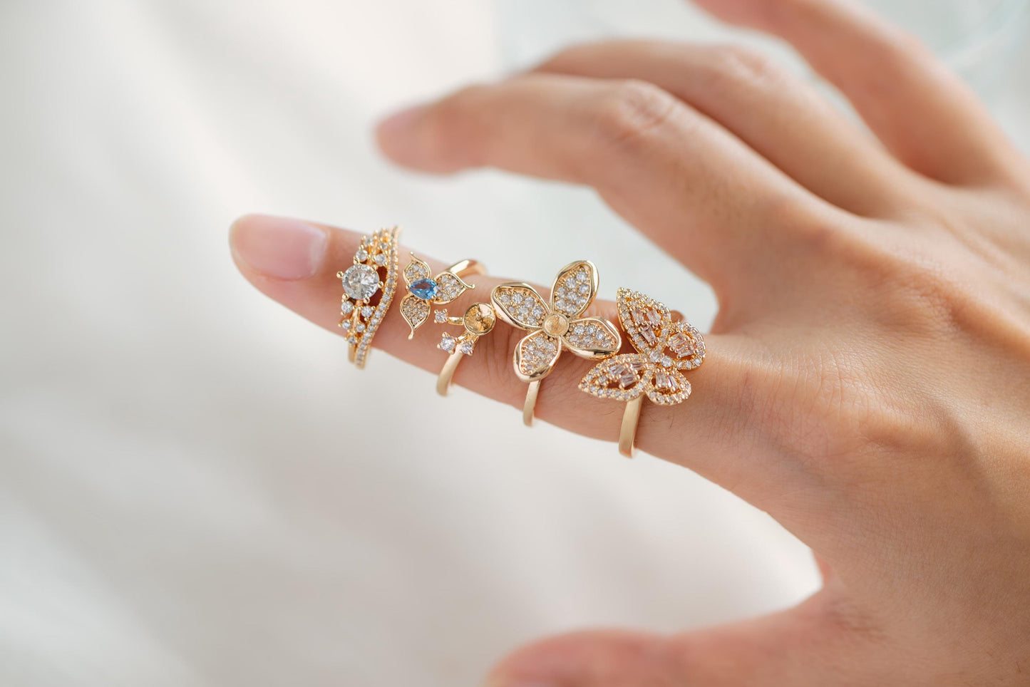 4pcs CZ Pave Gold Flower Ring, Butterfly Ring, Adjustable Ring Mounting, Pearl Ring Setting (#JZ-019)