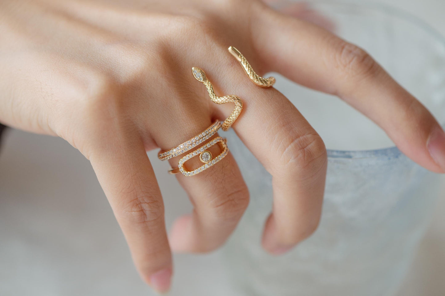 4pcs CZ Pave Gold/ Silver Tone Snake Ring, Evil Eye Ring, Weeding Ring, Fashion Rings, Dainty Rings, Adjustable Ring (#JZ-023)