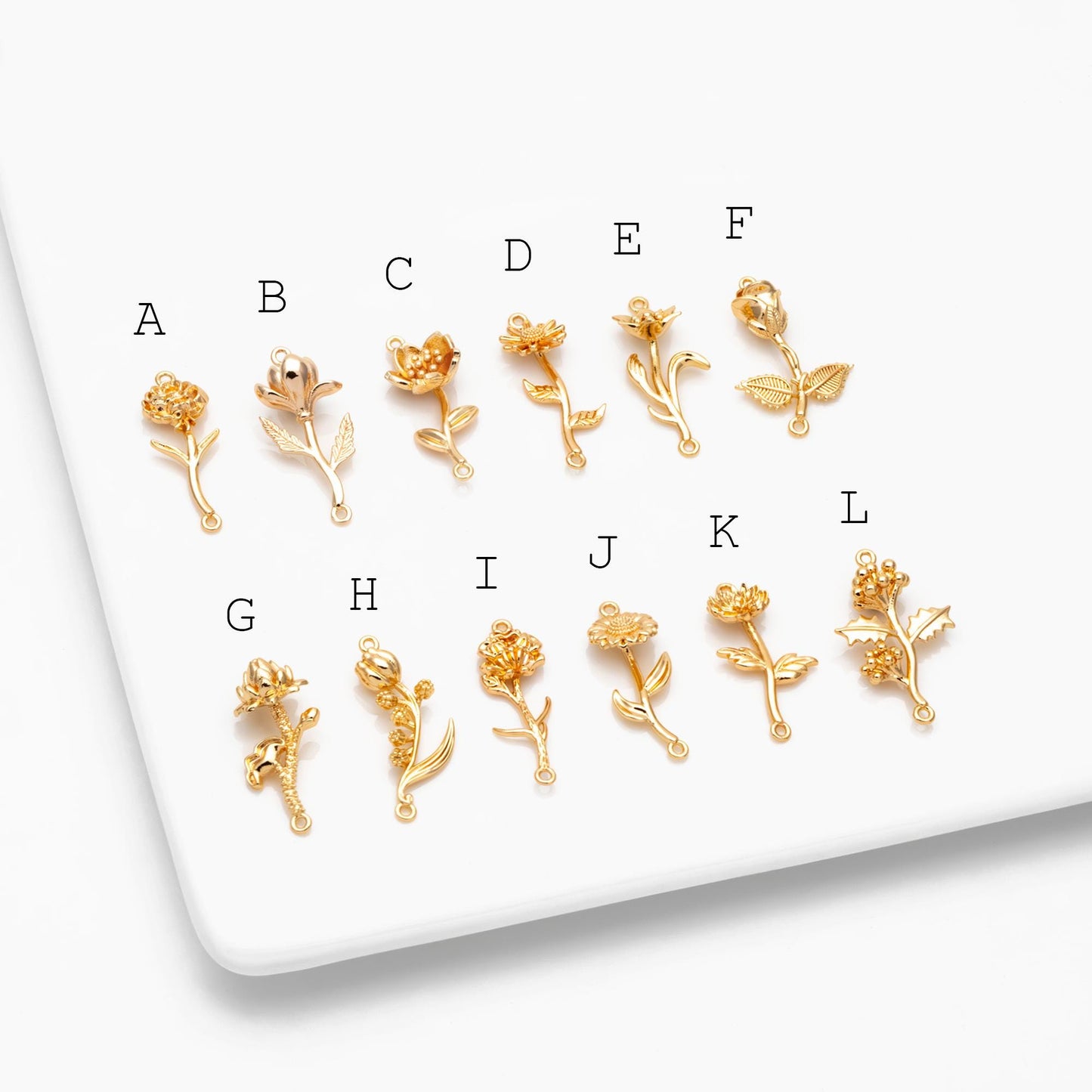 4 pieces- Gold 12 Month Birth Flower Connector Collection, Floral Necklace Pendants (GB-4725)