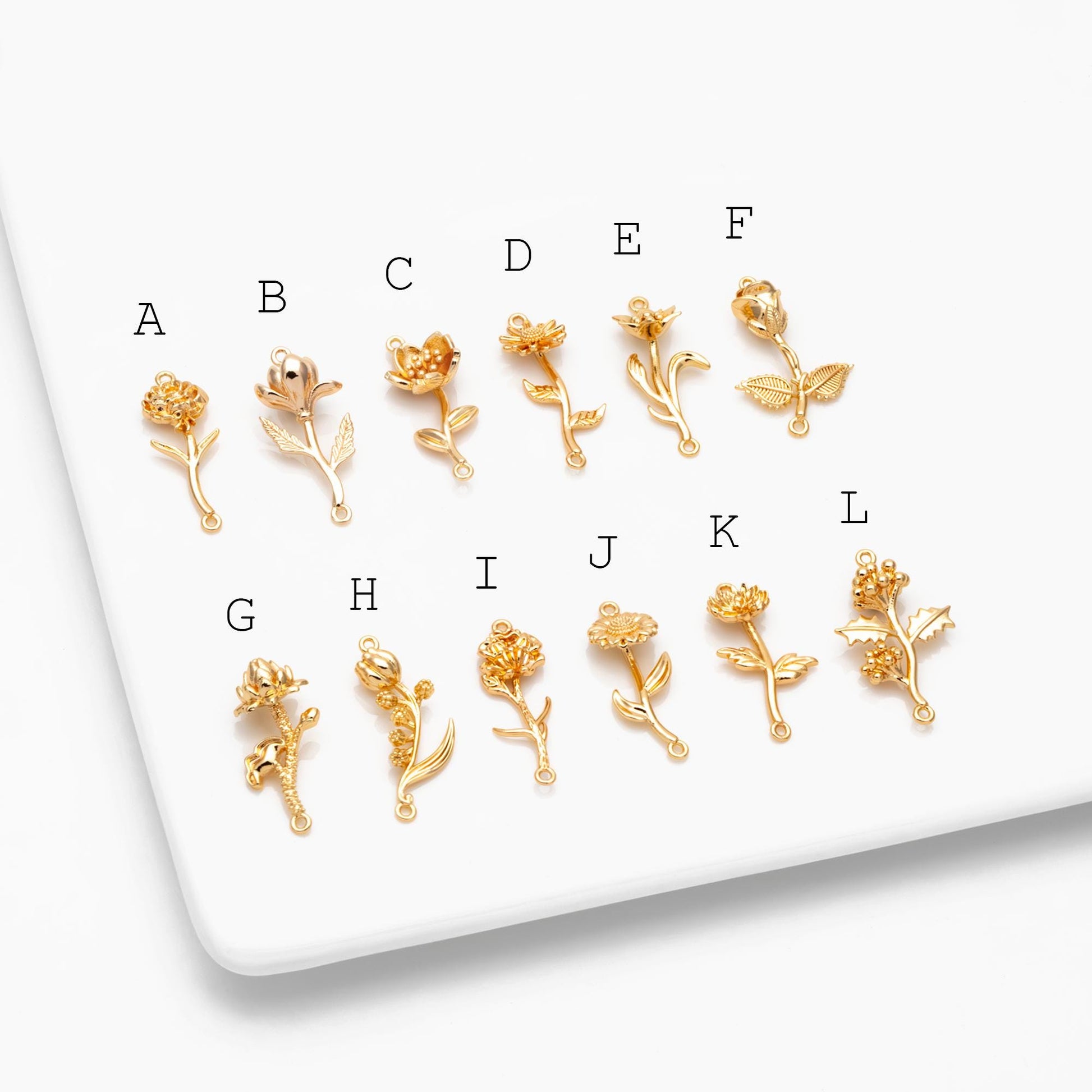 4 pieces- Gold 12 Month Birth Flower Connector Collection, Floral Necklace Pendants (GB-4725)
