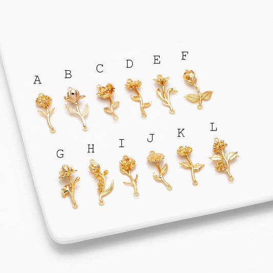4 pieces- Gold 12 Month Birth Flower Connector Collection, Floral Necklace Pendants (GB-4725)