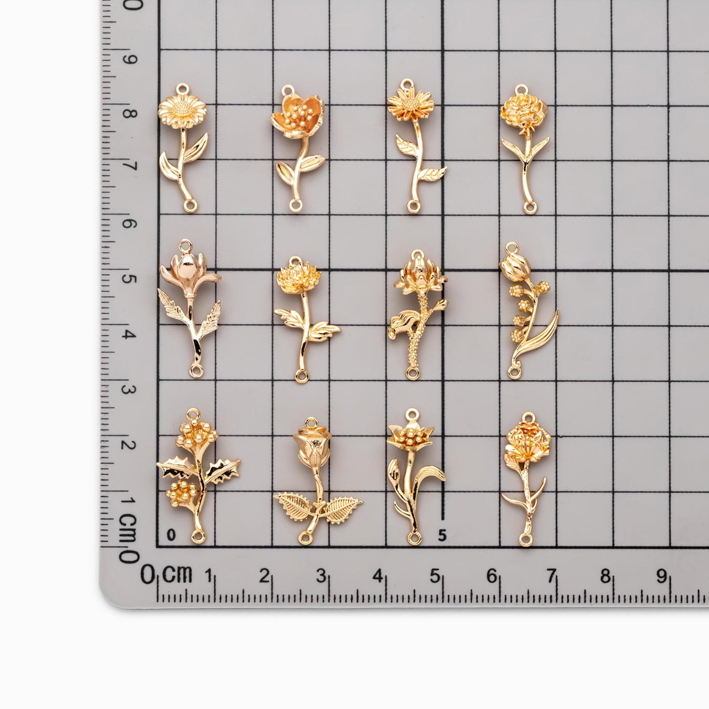 4 pieces- Gold 12 Month Birth Flower Connector Collection, Floral Necklace Pendants (GB-4725)
