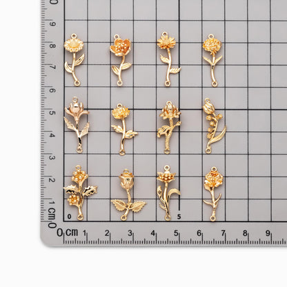 4 pieces- Gold 12 Month Birth Flower Connector Collection, Floral Necklace Pendants (GB-4725)