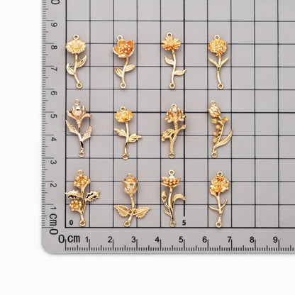 4 pieces- Gold 12 Month Birth Flower Connector Collection, Floral Necklace Pendants (GB-4725)