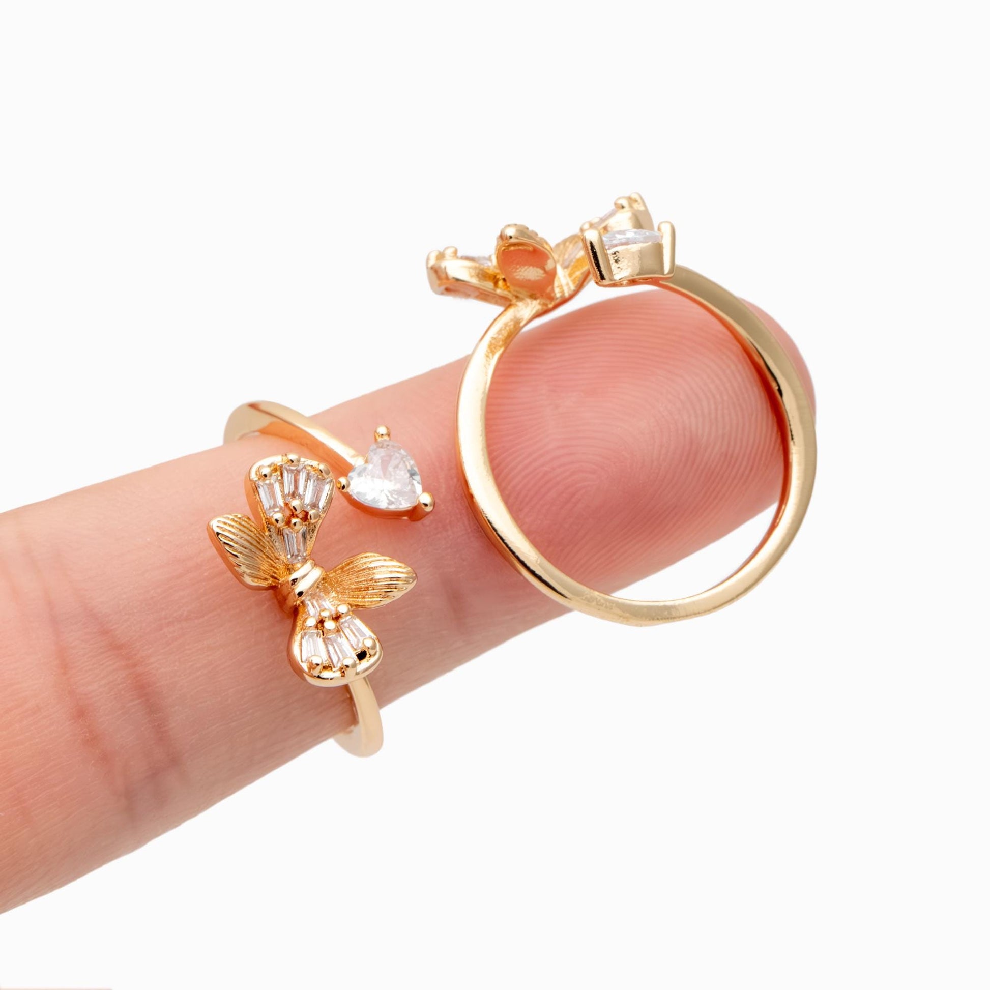 4pcs CZ Pave Gold/ Silver Bowknot Heart Ring, Modern Style Ring, Fashion Rings, Dainty Rings, Adjustable Ring (#JZ-003)