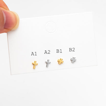 10pcs Gold/ Silver Tone Cross Earrings, Gold/ Rhodium Plated Brass Small Cross Stud Earring (#GB-4742)