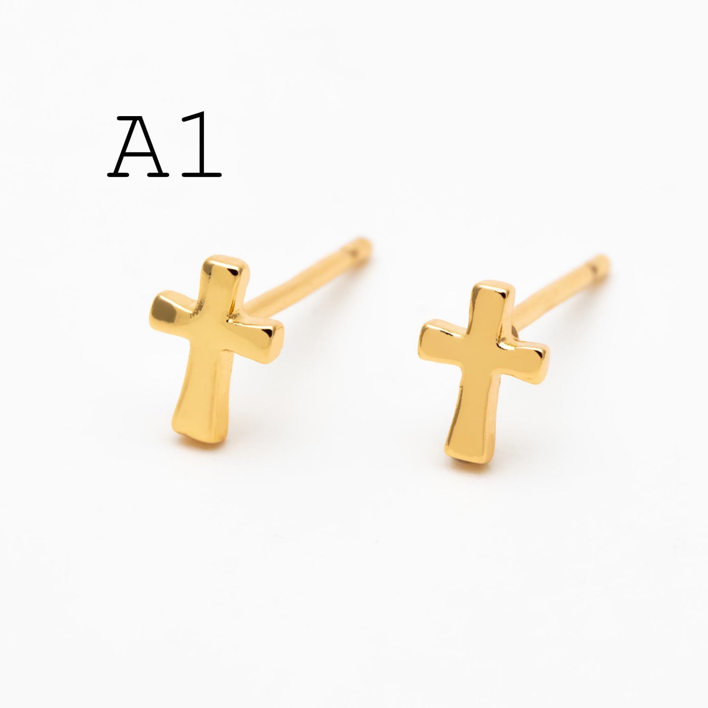10pcs Gold/ Silver Tone Cross Earrings, Gold/ Rhodium Plated Brass Small Cross Stud Earring (#GB-4742)
