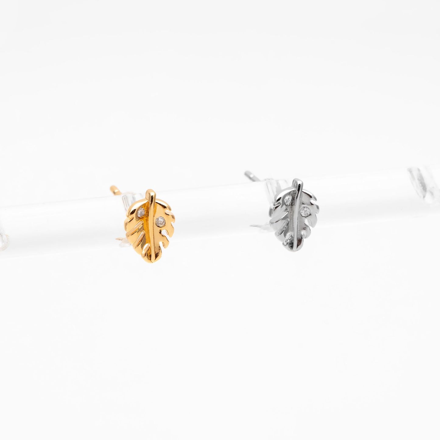 10pcs CZ Pave Gold/ Silver Leaf Earrings, 18K Real Gold/ Rhodium Plated Brass, Dainty Stud Earrings (GB-4759)