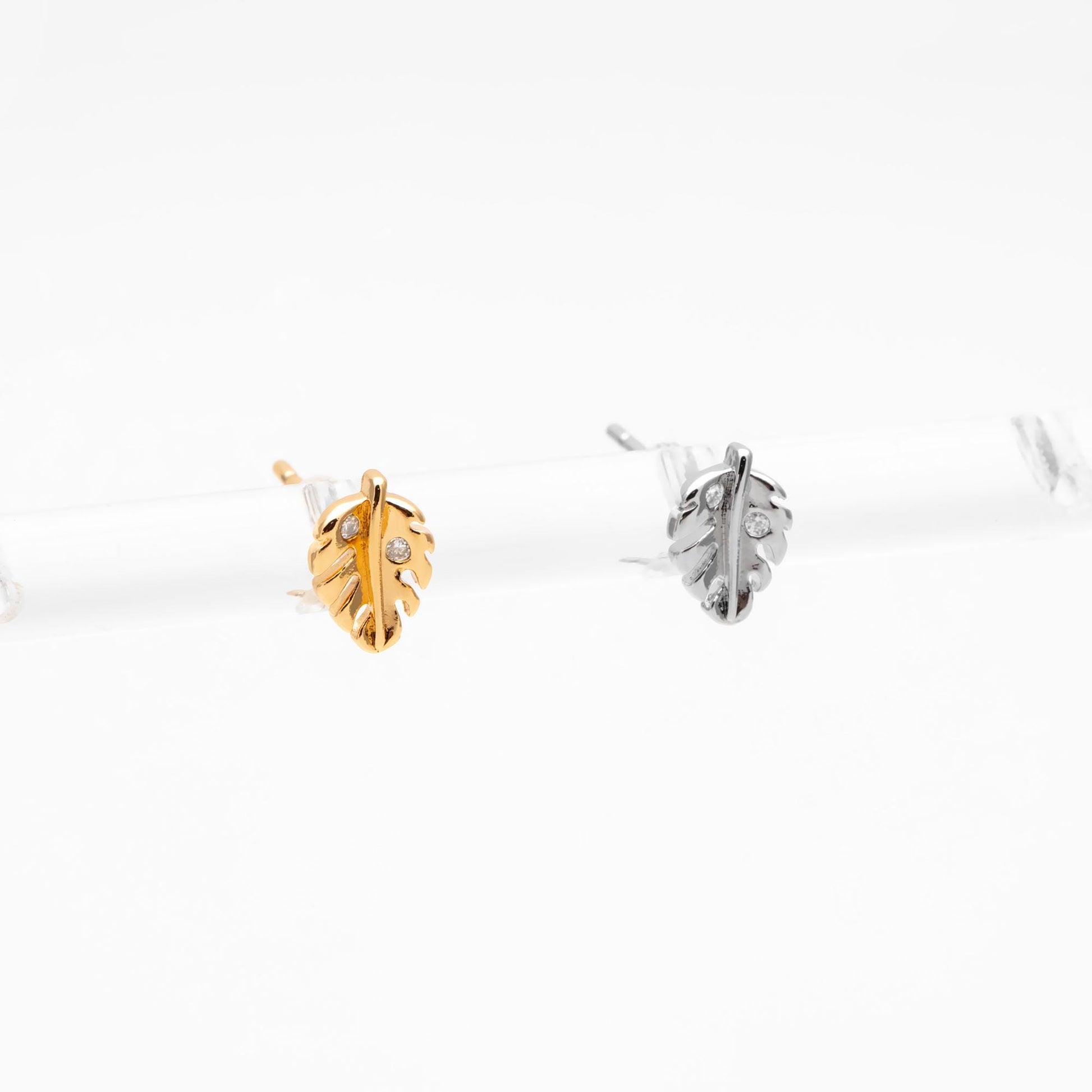 10pcs CZ Pave Gold/ Silver Leaf Earrings, 18K Real Gold/ Rhodium Plated Brass, Dainty Stud Earrings (GB-4759)