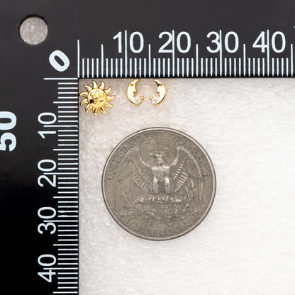 10pcs Gold/ Silver Tone Sun Moon Face Earrings, Real Gold/ Rhodium Plated Brass Stud Earrings (#GB-4760)