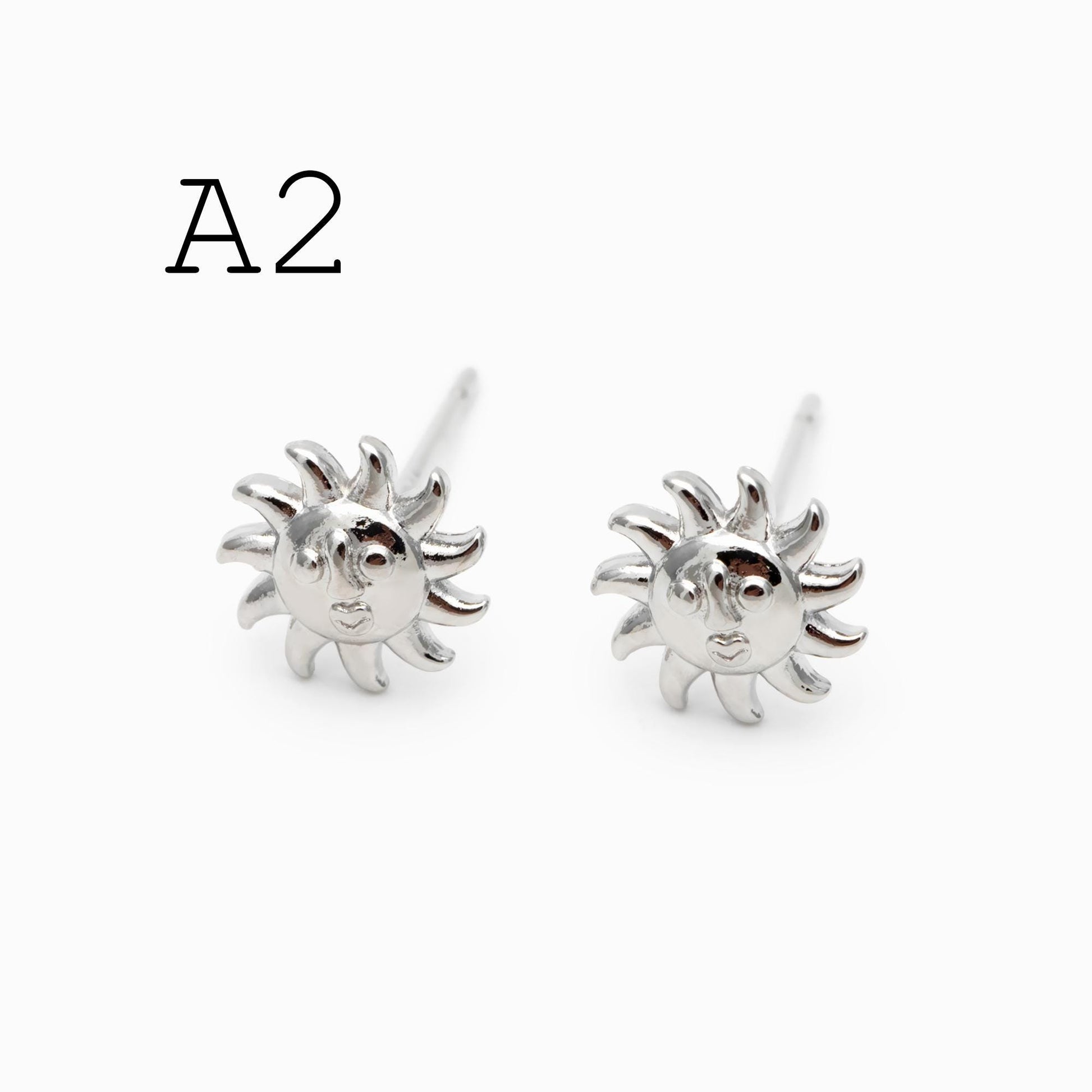 10pcs Gold/ Silver Tone Sun Moon Face Earrings, Real Gold/ Rhodium Plated Brass Stud Earrings (#GB-4760)