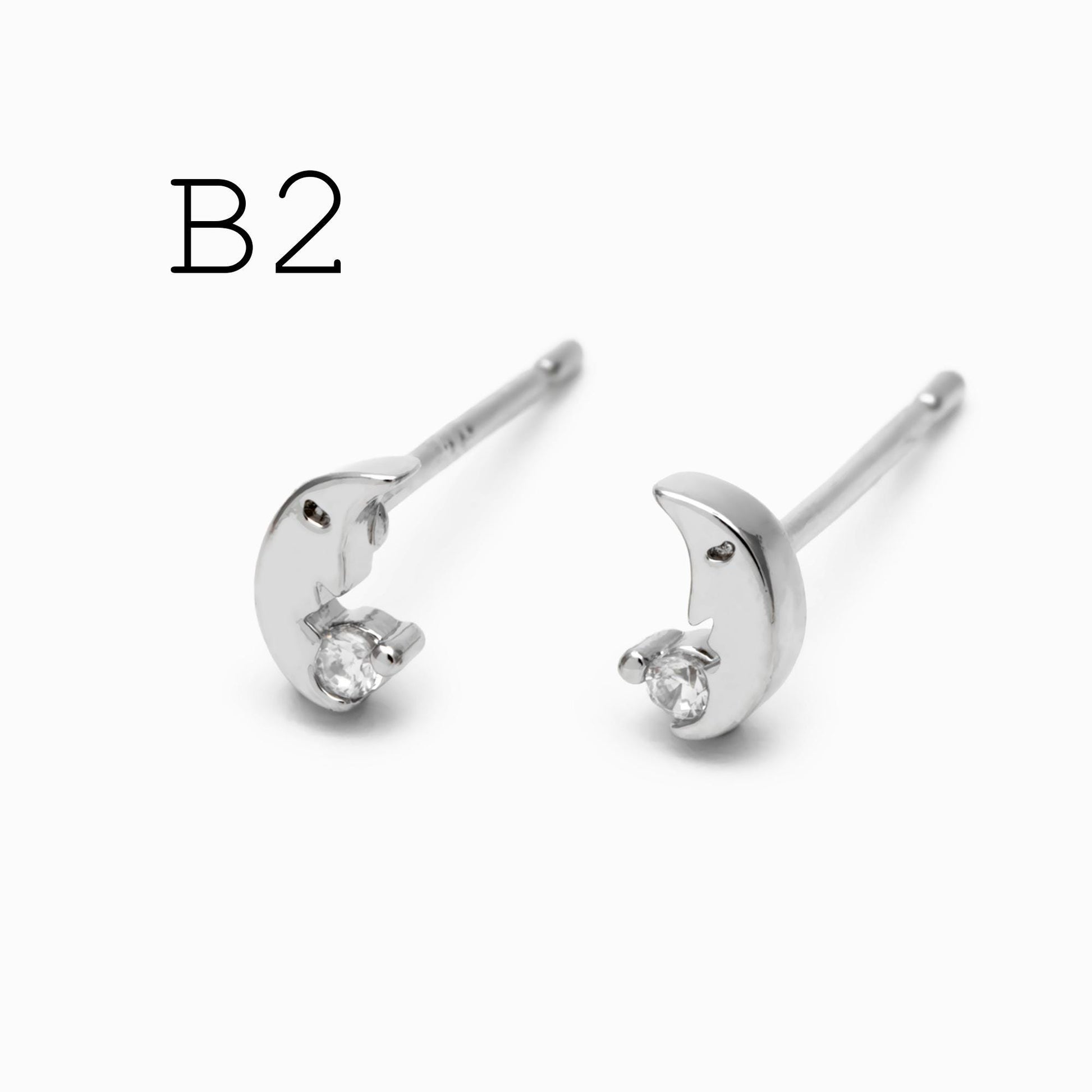 10pcs Gold/ Silver Tone Sun Moon Face Earrings, Real Gold/ Rhodium Plated Brass Stud Earrings (#GB-4760)