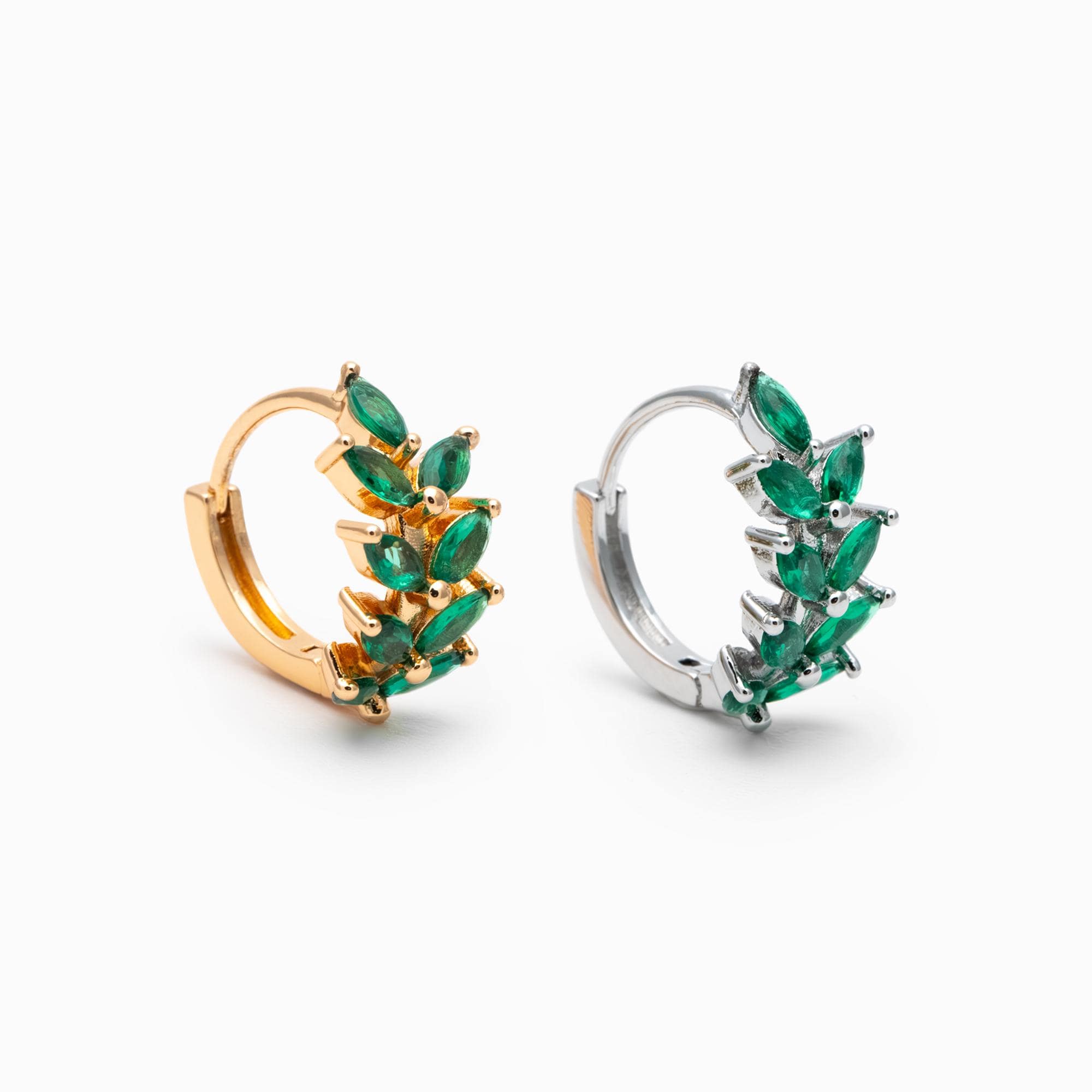 4pcs CZ Pave Emerald Leaf Hoop Earrings, 18K Real Gold/ Rhodium Plated Brass, Dainty Huggie Earrings (GB-4762)