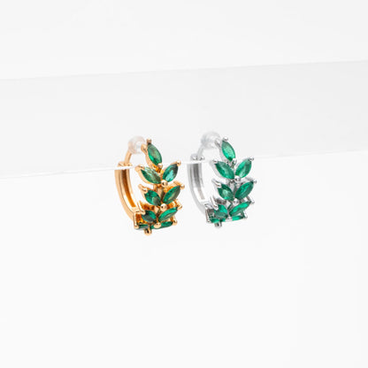 4pcs CZ Pave Emerald Leaf Hoop Earrings, 18K Real Gold/ Rhodium Plated Brass, Dainty Huggie Earrings (GB-4762)