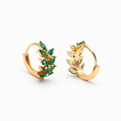 4pcs CZ Pave Emerald Leaf Hoop Earrings, 18K Real Gold/ Rhodium Plated Brass, Dainty Huggie Earrings (GB-4762)