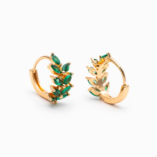 4pcs CZ Pave Emerald Leaf Hoop Earrings, 18K Real Gold/ Rhodium Plated Brass, Dainty Huggie Earrings (GB-4762)