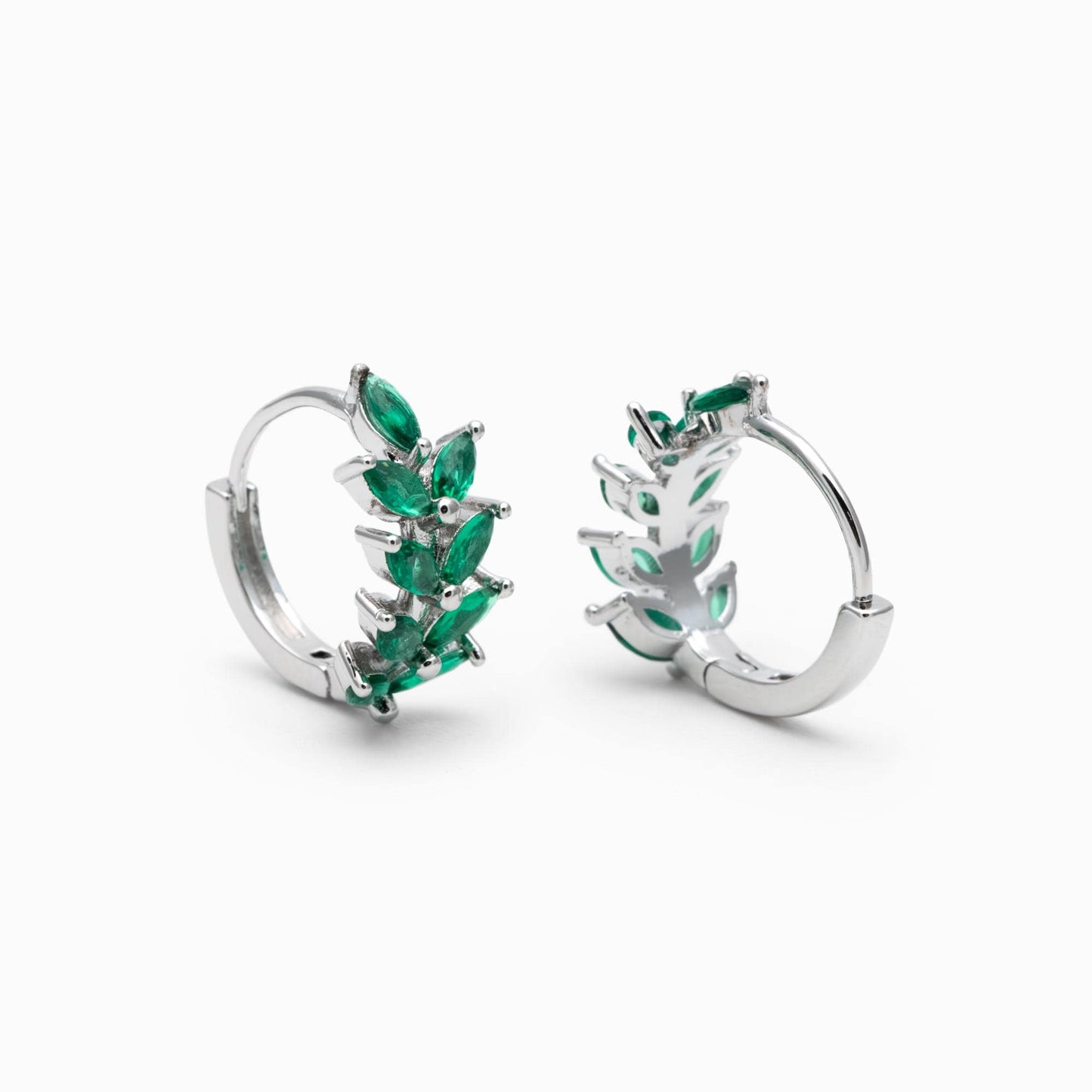 4pcs CZ Pave Emerald Leaf Hoop Earrings, 18K Real Gold/ Rhodium Plated Brass, Dainty Huggie Earrings (GB-4762)