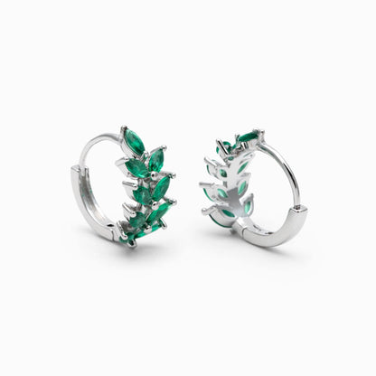 4pcs CZ Pave Emerald Leaf Hoop Earrings, 18K Real Gold/ Rhodium Plated Brass, Dainty Huggie Earrings (GB-4762)