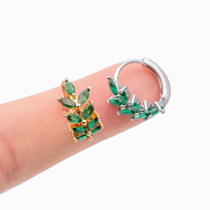4pcs CZ Pave Emerald Leaf Hoop Earrings, 18K Real Gold/ Rhodium Plated Brass, Dainty Huggie Earrings (GB-4762)
