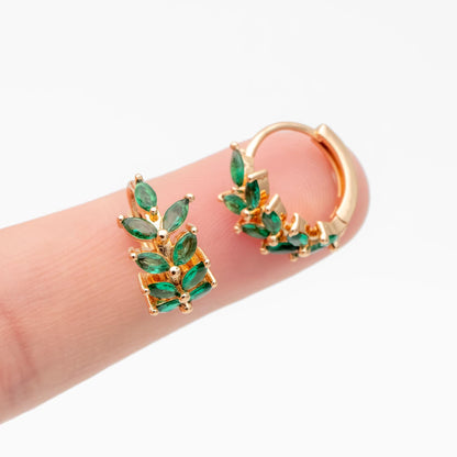 4pcs CZ Pave Emerald Leaf Hoop Earrings, 18K Real Gold/ Rhodium Plated Brass, Dainty Huggie Earrings (GB-4762)