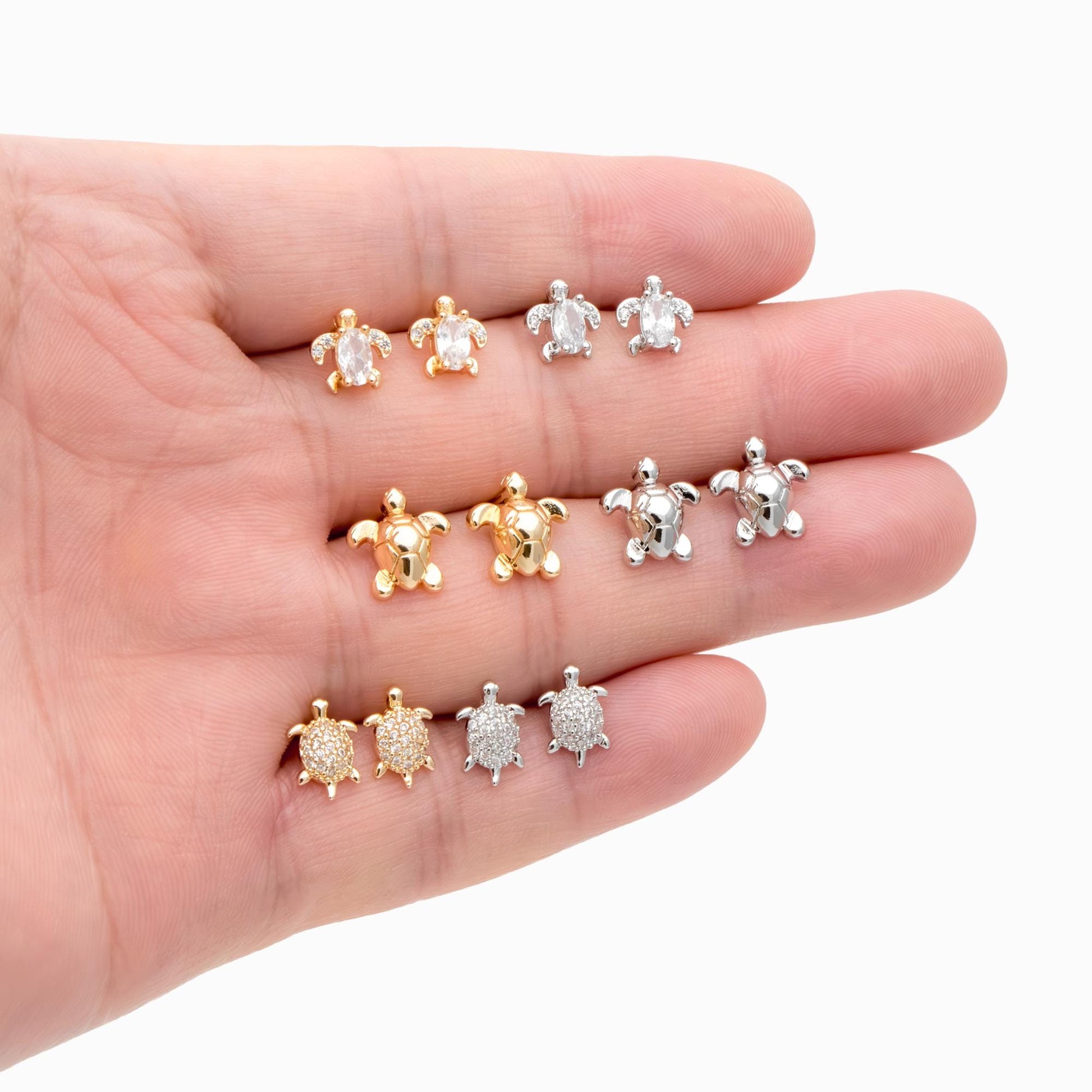 10pcs CZ Pave Gold/ Silver Tone Turtle Earrings, Gold/ Rhodium Plated Brass, Minimalist Stud Earrings (GB-3845)