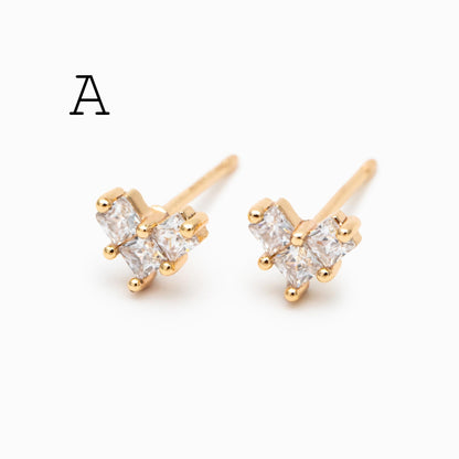 4pcs CZ Pave Heart Ear Posts, Gold Plated Brass Stud Earrings, Jewelry Findings, Wholesale Supplies (GB-3115)