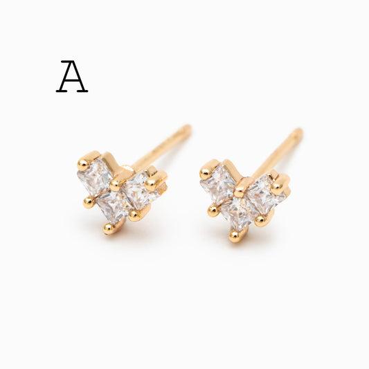 4pcs CZ Pave Heart Ear Posts, Gold Plated Brass Stud Earrings, Jewelry Findings, Wholesale Supplies (GB-3115)