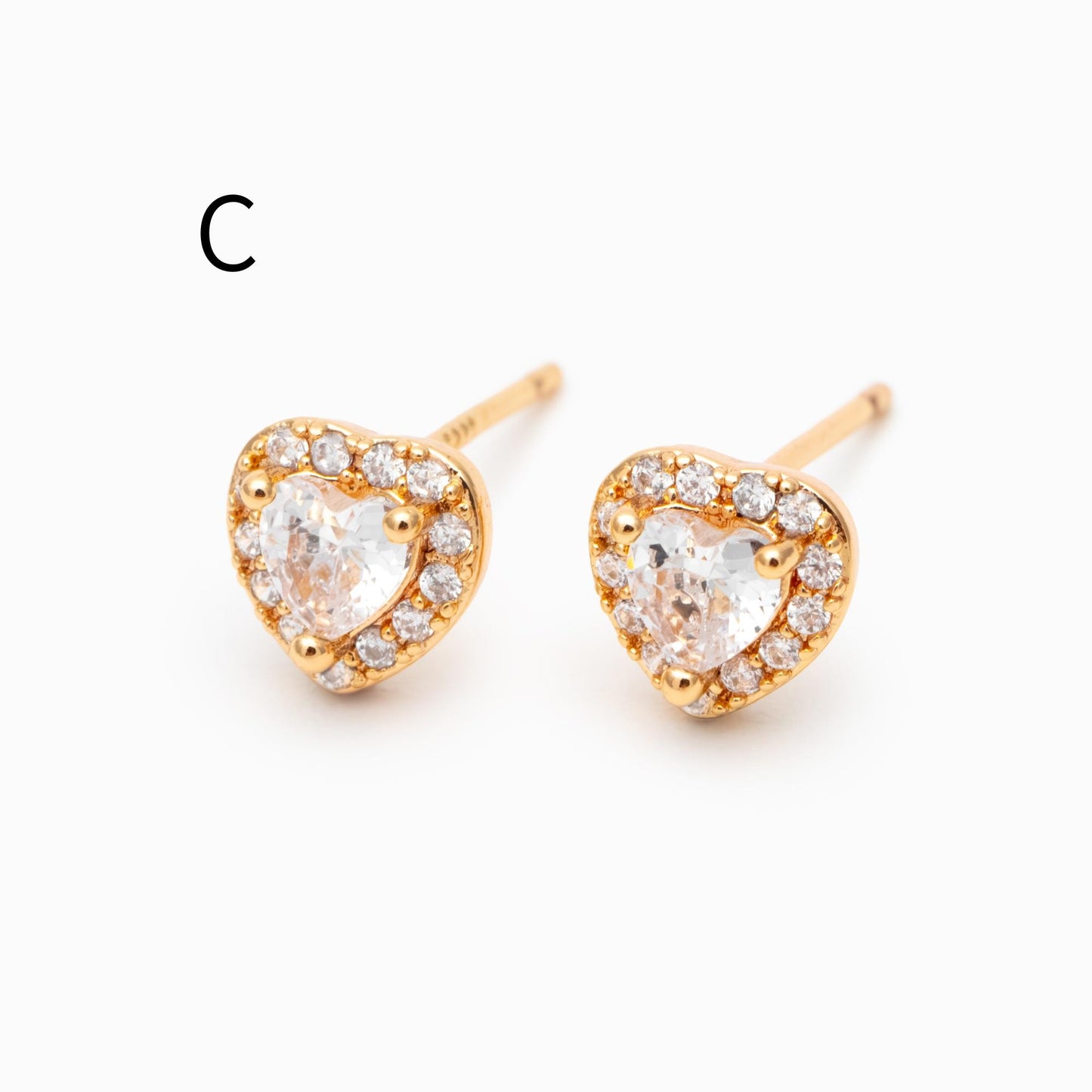4pcs CZ Pave Heart Ear Posts, Gold Plated Brass Stud Earrings, Jewelry Findings, Wholesale Supplies (GB-3115)