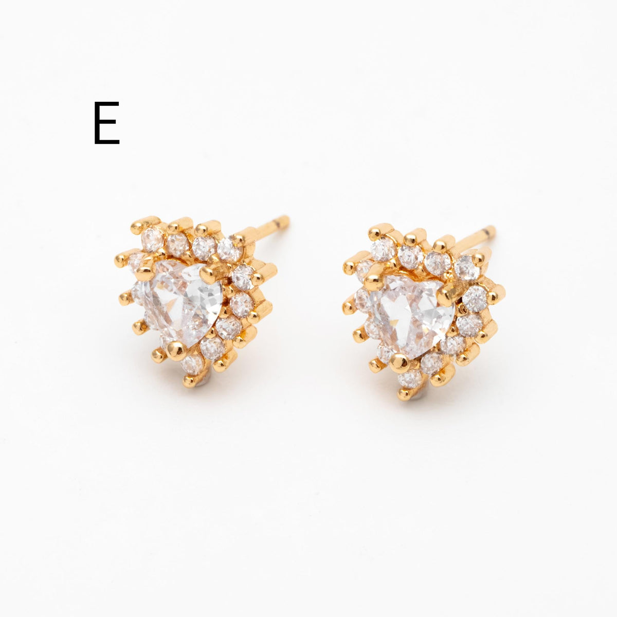4pcs CZ Pave Heart Ear Posts, Gold Plated Brass Stud Earrings, Jewelry Findings, Wholesale Supplies (GB-3115)