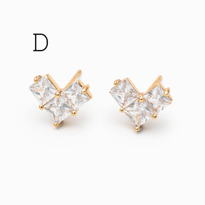 4pcs CZ Pave Heart Ear Posts, Gold Plated Brass Stud Earrings, Jewelry Findings, Wholesale Supplies (GB-3115)