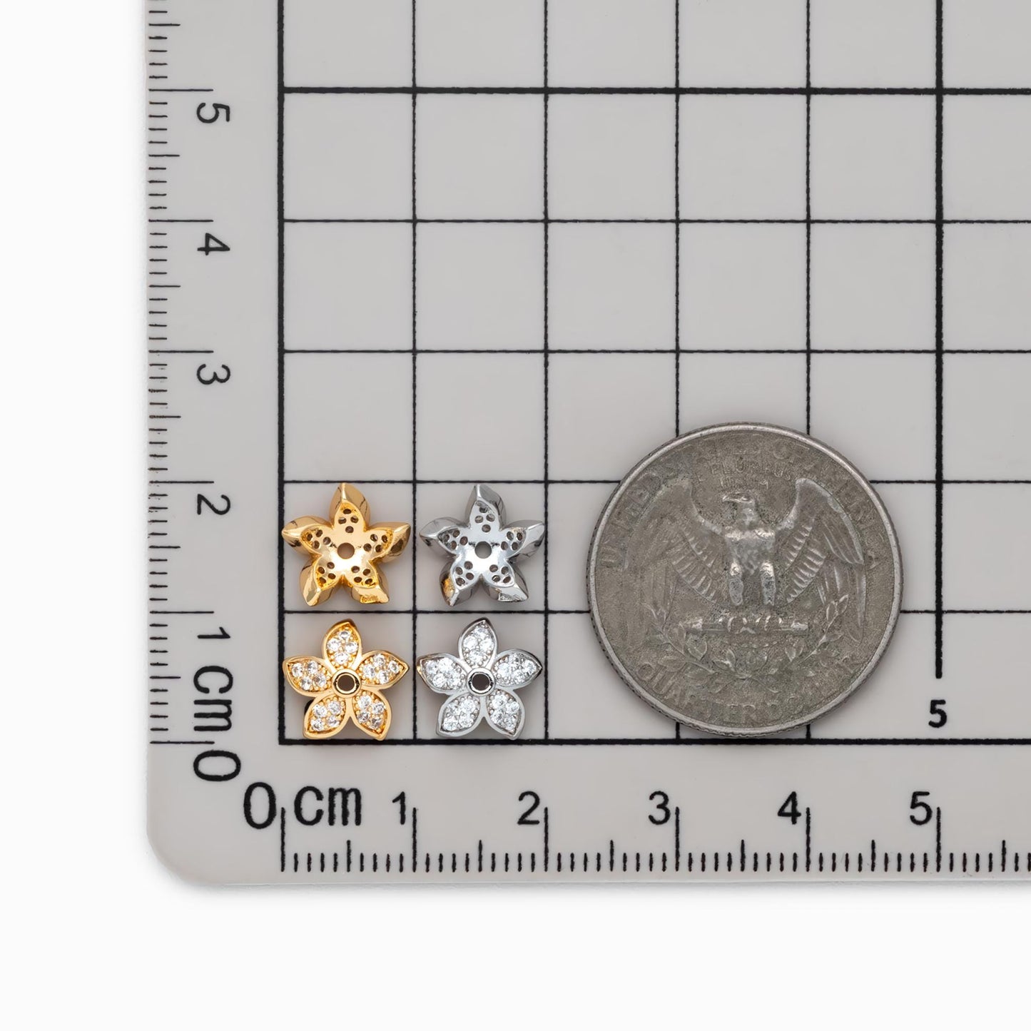 10pcs CZ Pave Gold/ Silver Flower Bead Caps 10mm, Real Gold/ Rhodium plated Brass, Lead Nickel Free (GB-4645)