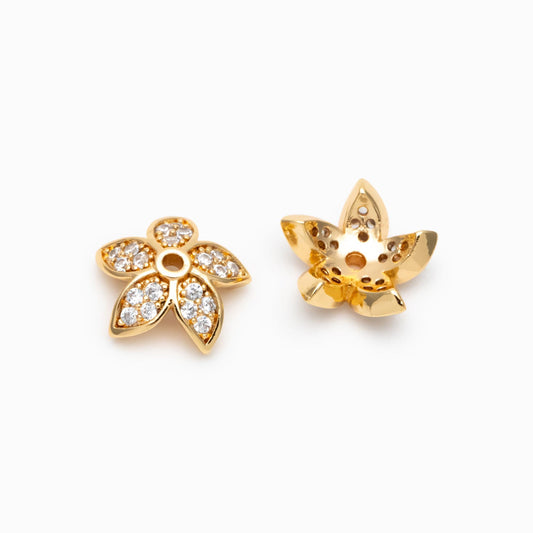 10pcs CZ Pave Gold/ Silver Flower Bead Caps 10mm, Real Gold/ Rhodium plated Brass, Lead Nickel Free (GB-4645)