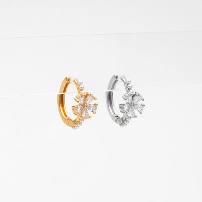 4pcs CZ Pave Gold/ Silver Flower Hoop Earrings, Faux Pearl Earrings, Dainty Huggie Earrings, Minimalist Earrings (GB-4739)