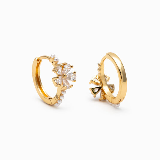 4pcs CZ Pave Gold/ Silver Flower Hoop Earrings, Faux Pearl Earrings, Dainty Huggie Earrings, Minimalist Earrings (GB-4739)