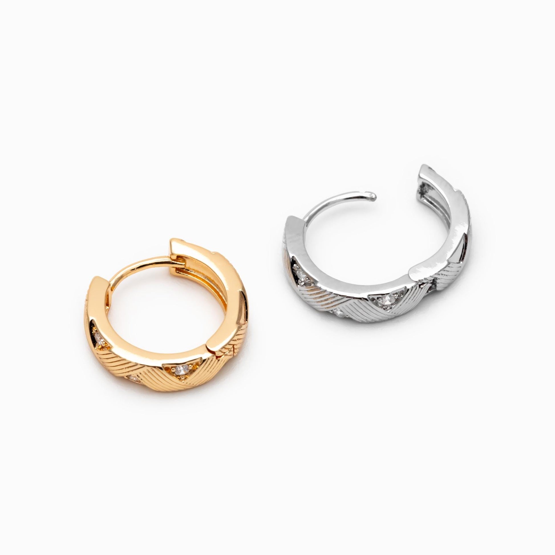 4pcs CZ Pave Gold/ Silver Hoop Earrings, 14mm, 18K Real Gold/ Rhodium plated Brass, Dainty Huggie Earrings, Minimalist Earrings (GB-4740)