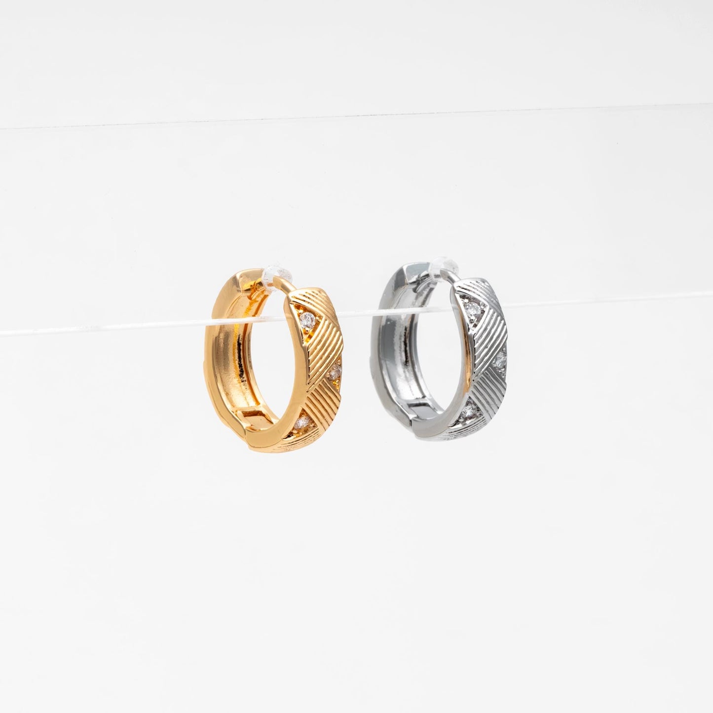 4pcs CZ Pave Gold/ Silver Hoop Earrings, 14mm, 18K Real Gold/ Rhodium plated Brass, Dainty Huggie Earrings, Minimalist Earrings (GB-4740)