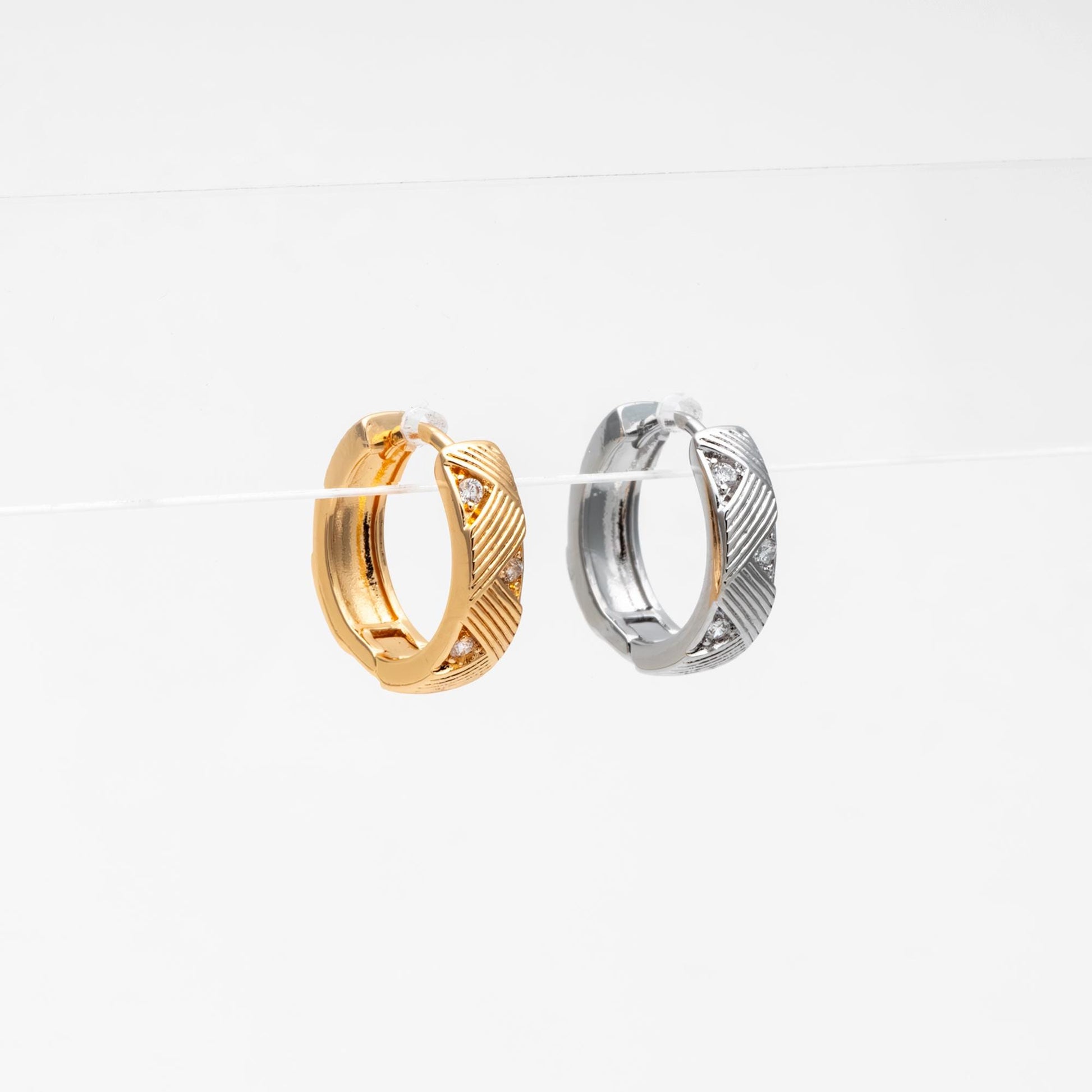 4pcs CZ Pave Gold/ Silver Hoop Earrings, 14mm, 18K Real Gold/ Rhodium plated Brass, Dainty Huggie Earrings, Minimalist Earrings (GB-4740)