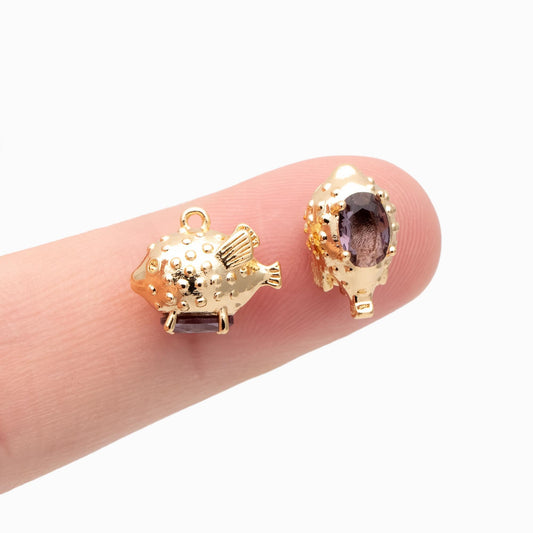 4pcs Purple CZ Pave Gold Globefish Charms, Gold Plated Brass, Fish Pendants (GB-4745)