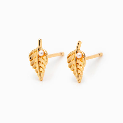 10pcs Faux Pearl Pave Gold/ Silver Leaf Earrings, 18K Real Gold/ Rhodium Plated Brass, Dainty Stud Earrings (GB-4748)