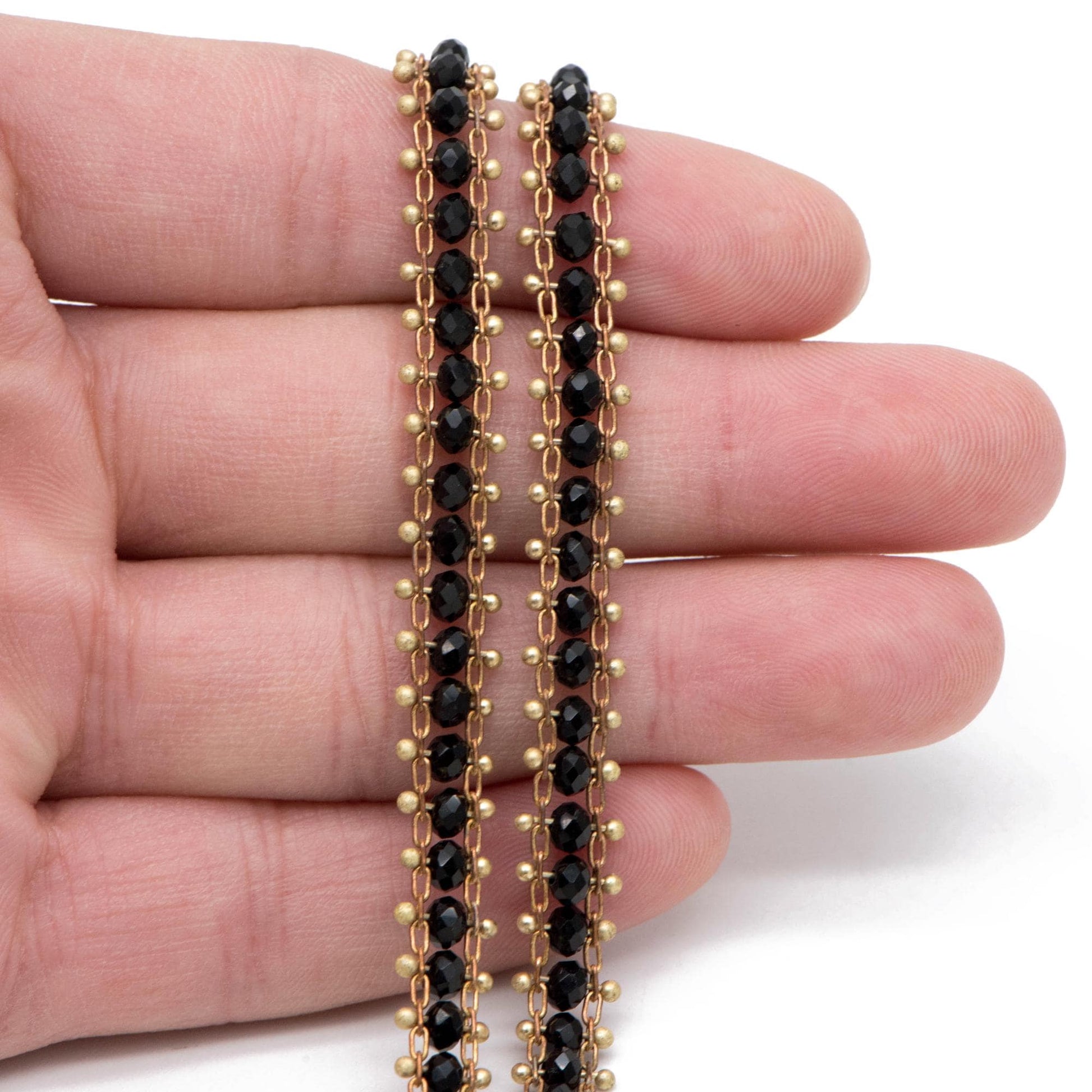 Crystal Glass Bead Chain 7mm, Unplated Brass Designer Chain, Green/ Black (#LK-032)/ 1 Meter=3.3ft