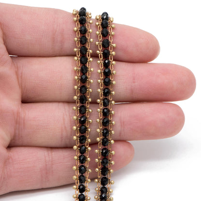 Crystal Glass Bead Chain 7mm, Unplated Brass Designer Chain, Green/ Black (#LK-032)/ 1 Meter=3.3ft