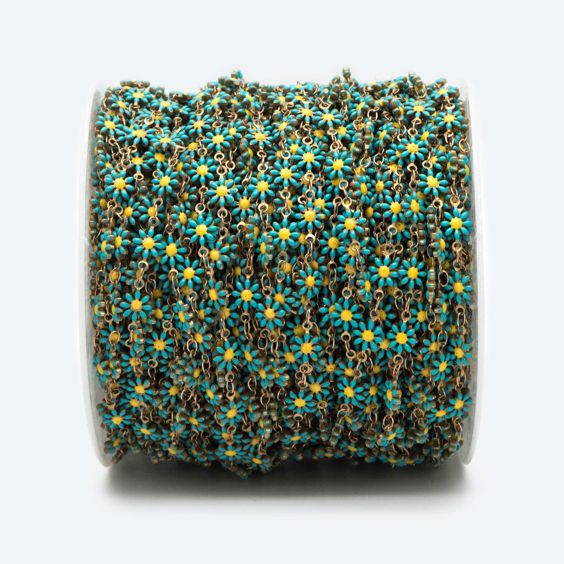 Enamel Flower Chain, Daisy Chain, Unplated Raw Brass Designer Chain 6mm, Floral Link Chain Findings, White (#LK-461-1)/ 1 Meter=3.3ft