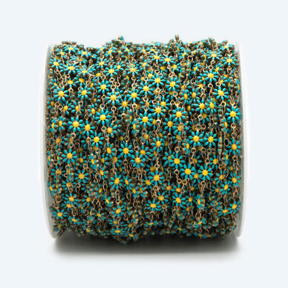 Enamel Flower Chain, Daisy Chain, Unplated Raw Brass Designer Chain 6mm, Floral Link Chain Findings, White (#LK-461-1)/ 1 Meter=3.3ft