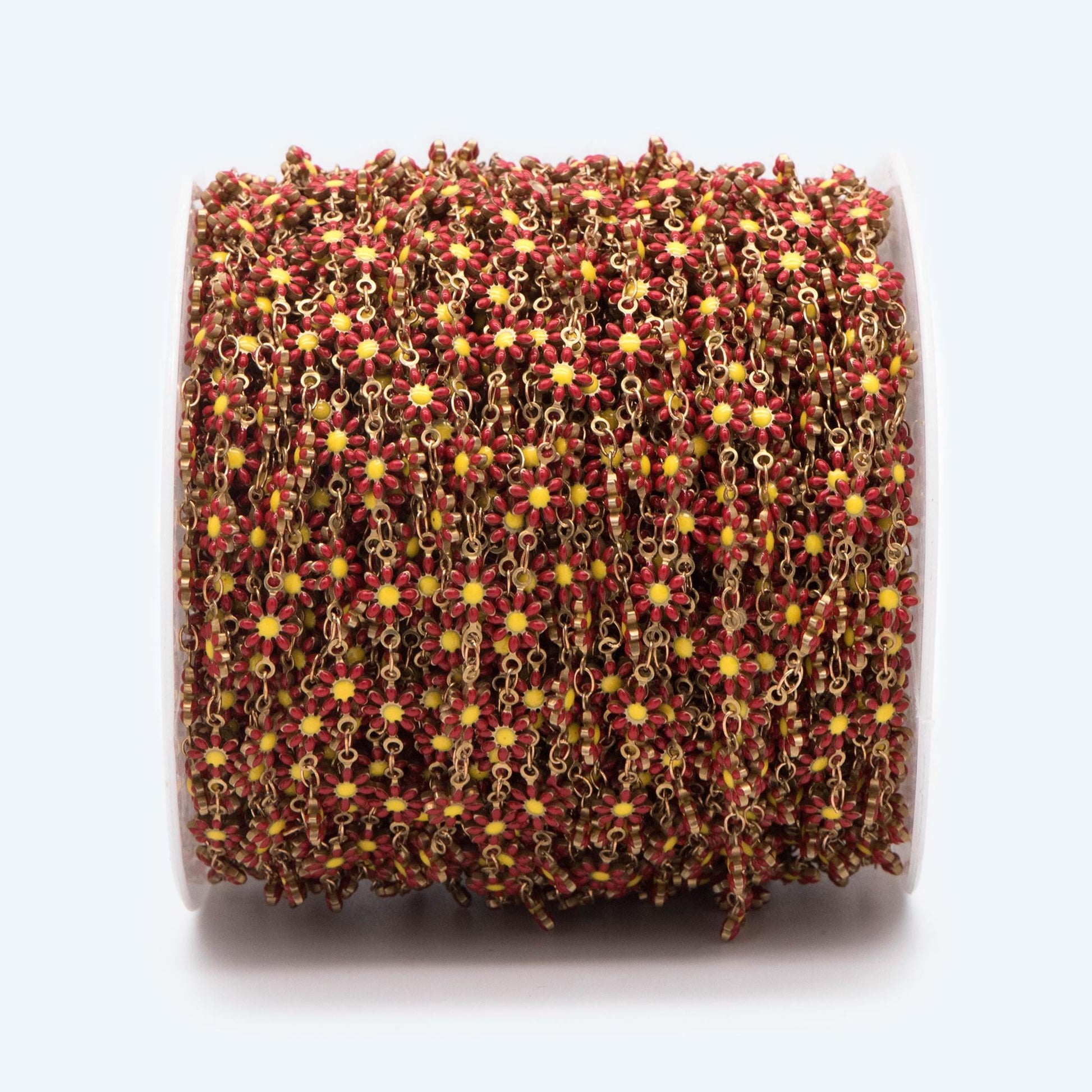 Enamel Flower Chain, Daisy Chain, Unplated Raw Brass Designer Chain 6mm, Floral Link Chain Findings, White (#LK-461-1)/ 1 Meter=3.3ft