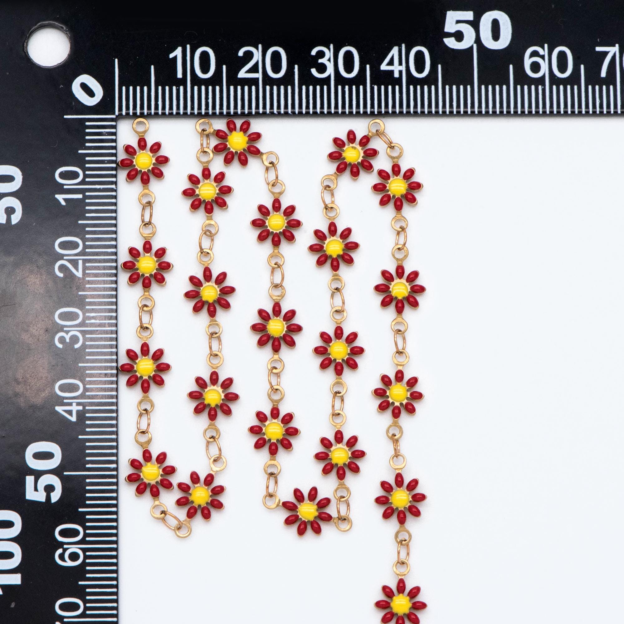 Enamel Flower Chain, Raw Brass Daisy Chain, Floral Link Chain Findings, White/ Red/ Aqua (#LK-461)/ 1 Meter=3.3ft
