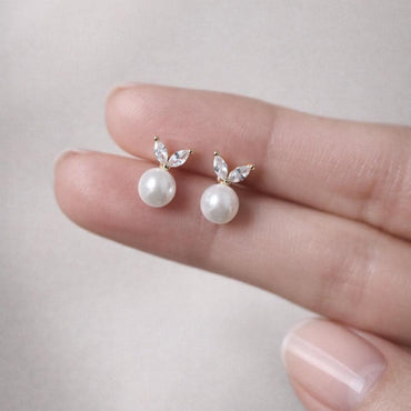 4pcs Gold/ Silver tone CZ Pave Leaf Glass Pearl Earrings (#GB-4341)