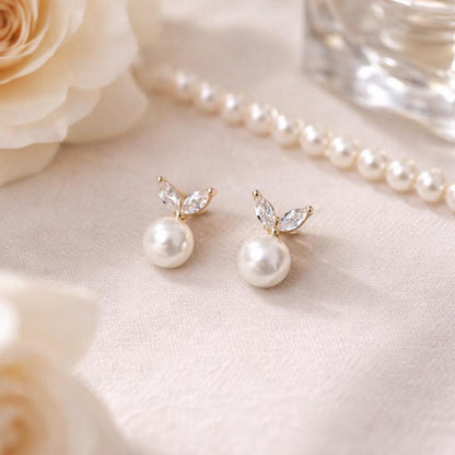 4pcs Gold/ Silver tone CZ Pave Leaf Glass Pearl Earrings (#GB-4341)
