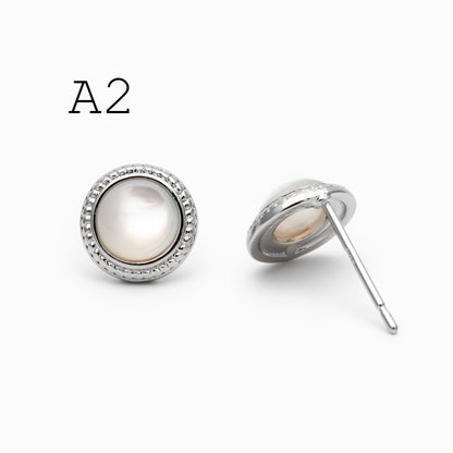 4pcs Shell Pave Round/ Square/ Heart/ Oval Earrings, Gold Plated Brass Geometric Stud Earrings (#GB-4214)