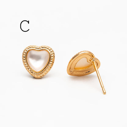 4pcs Shell Pave Round/ Square/ Heart/ Oval Earrings, Gold Plated Brass Geometric Stud Earrings (#GB-4214)
